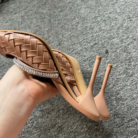 ZARA Nude Woven Mule Pointed Toe Rhinestone Strap Mule Size 39 - Picture 11 of 12